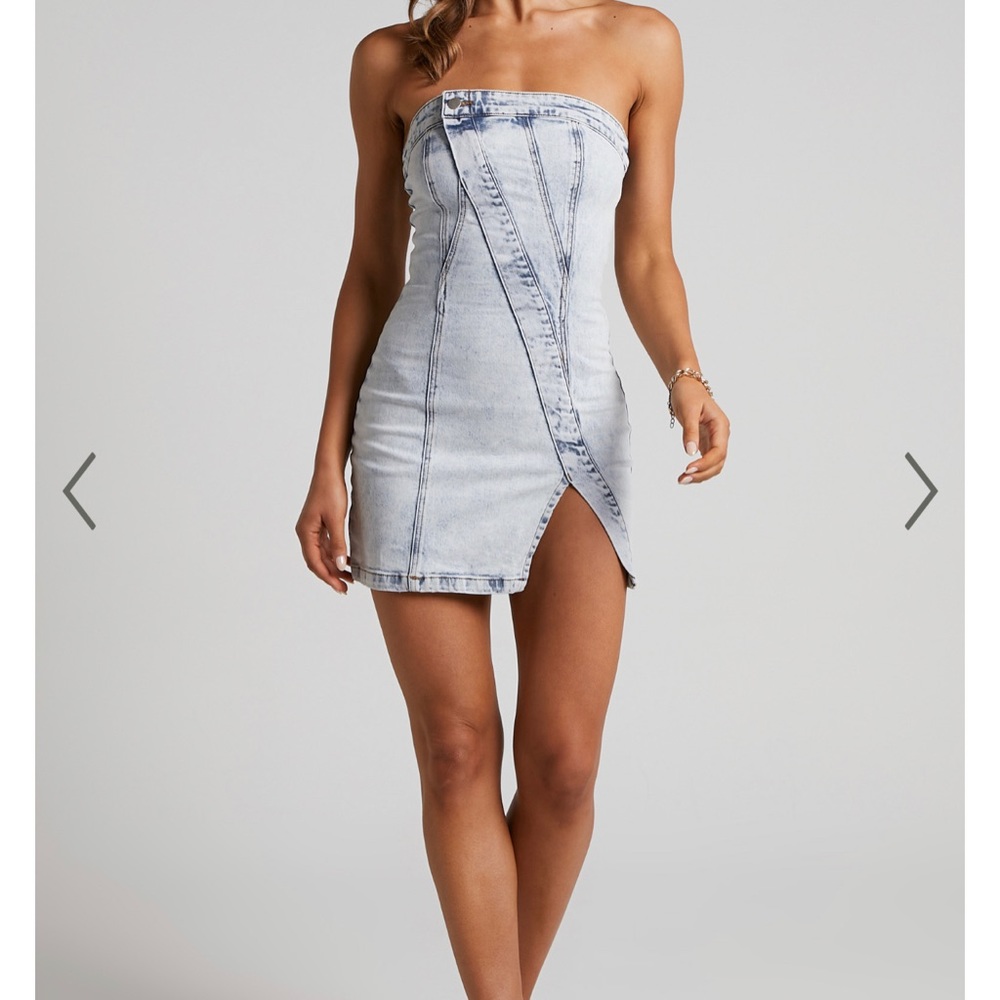 Showpo ERLINE MINI DRESS - ASYMMETRIC STRAPLESS DENIM DRESS IN MID BLUE WASH